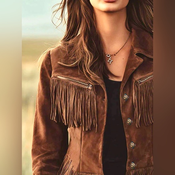 ❤️Hello Fringe!! Western Vegan Brown Suede Fringe Button Up Jacket - Picture 2 of 7